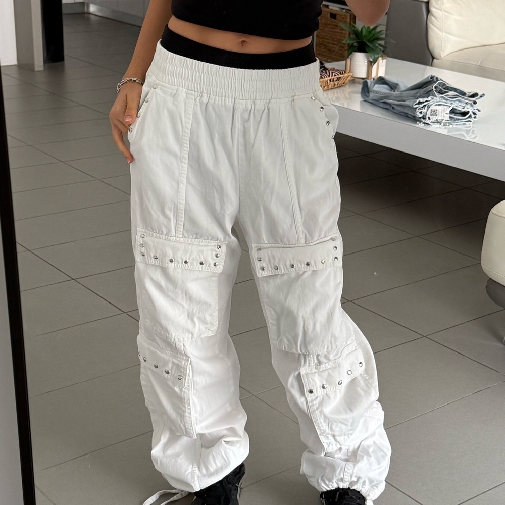 White studded cargo pants handcrafted handmade baggy pants BERSHKA